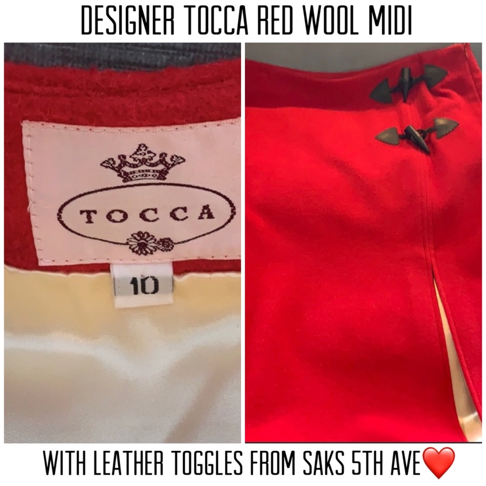 Tocca Designer Red Wool midi Skirt w Leather Toggle Accents